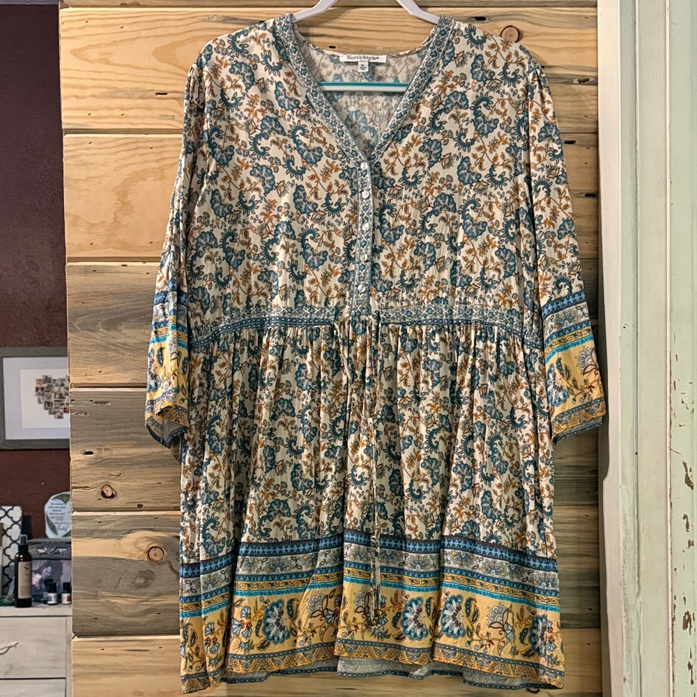 NorthStyle Cream Mini Dress with Teal & Mustard Paisley Border